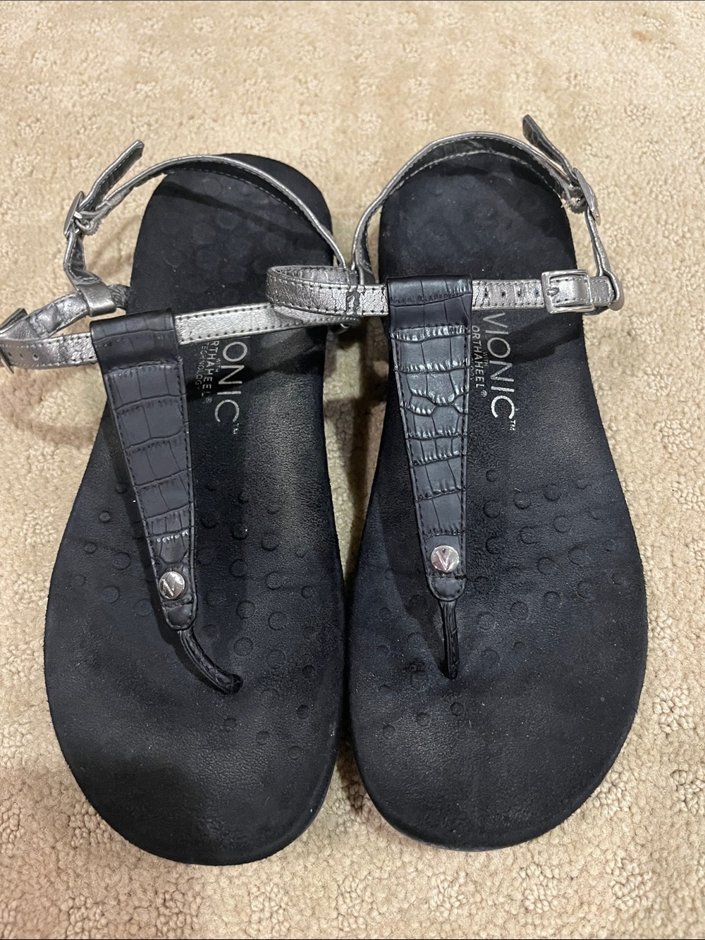 Vionic Black Sandals with Silver Metallic Straps